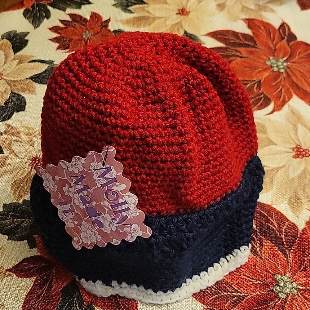 Handmade cranberry red and blue crochet hat beanie hand-made